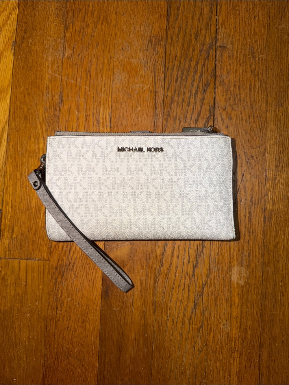 Michael Kors White Signature Wristlet Wallet with Gray Strap